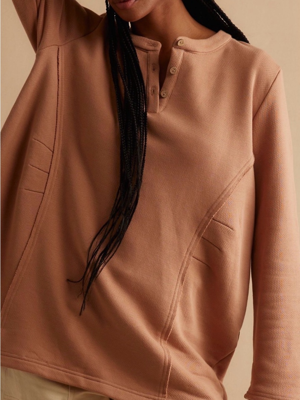 Free people beach oversize Cozy Henley Sweatshirt - Dusty Rose